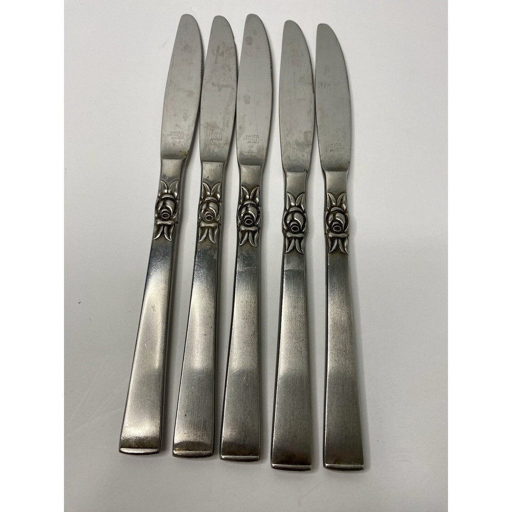 Nasco Stainless Steel Westwood Dinner Knives Lot of 5 Made in Japan Rose Floral